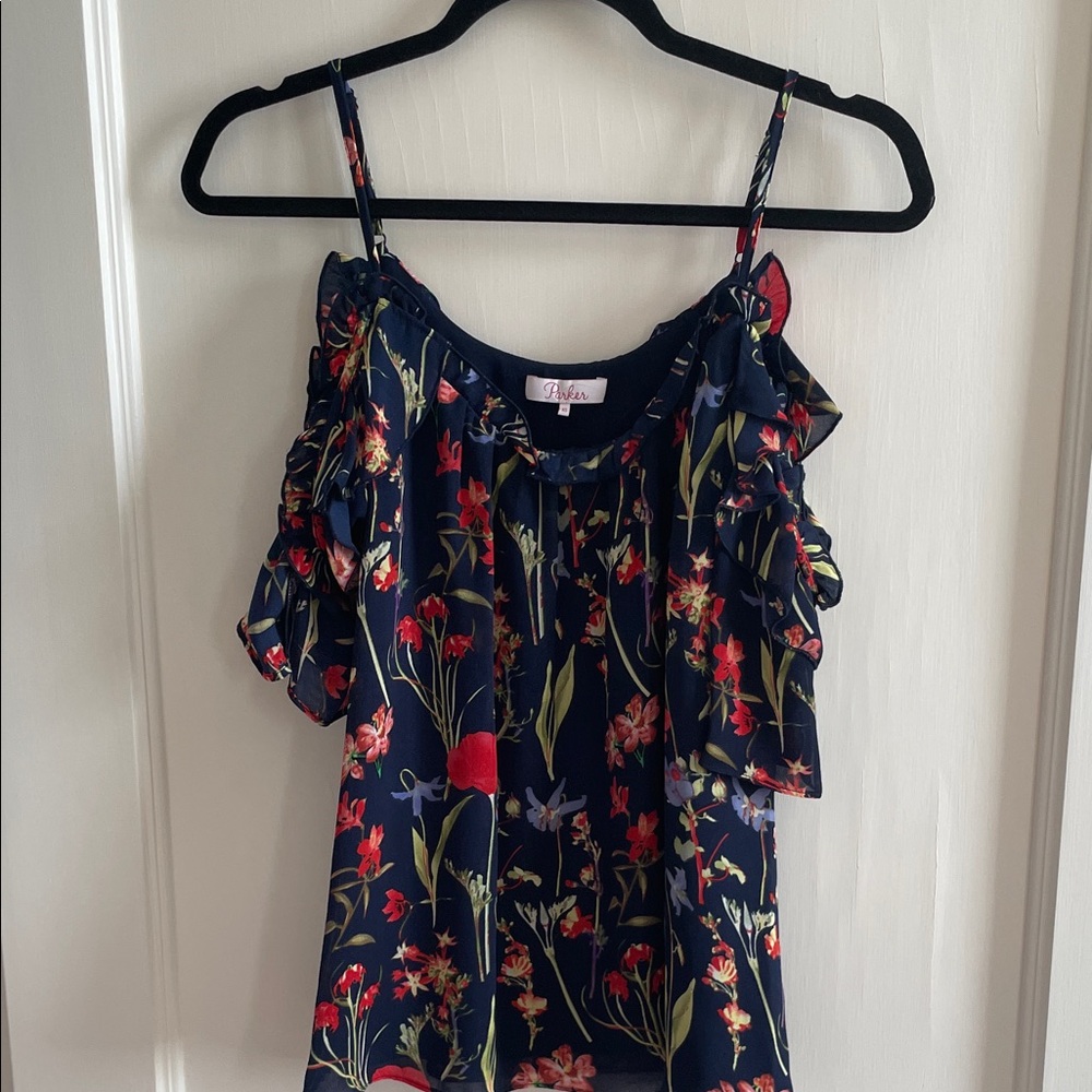 Parker Navy Floral Cold-Shoulder Camisole with Red & Pink Blooms